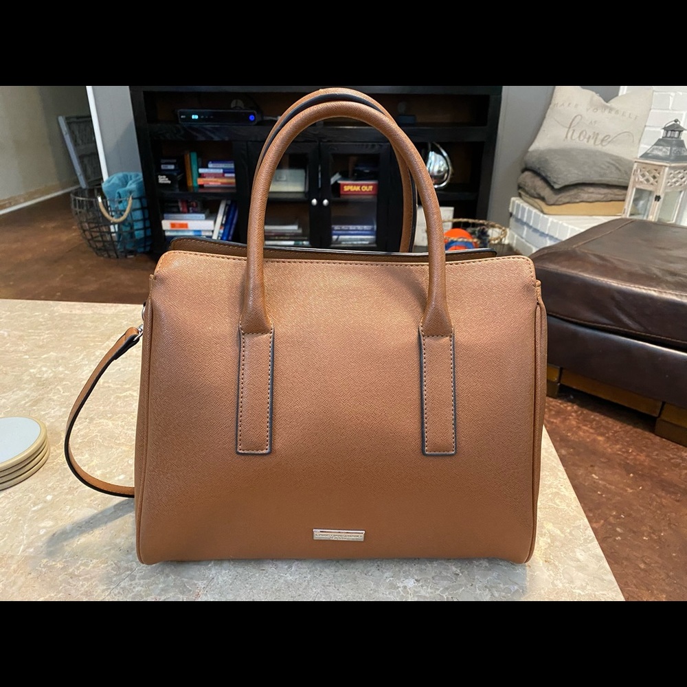 Brown Christian Siriano crossbody purse.